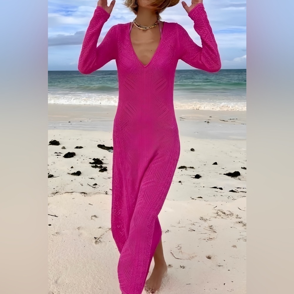 Bohemian Pink Crochet V-neck Crew Neckline Midi Swimsuit Coverup
